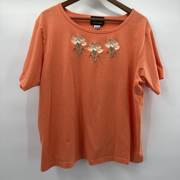 Bob Mackie Shirt Womens 1X Orange Embroidered Floral Basic Art Classic - Picture 1 of 9